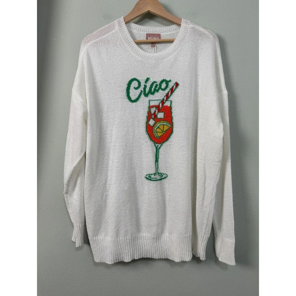 Show Me Your Mumu Woodsy Sweater Ciao Cocktail Graphic Knit White Medium NWT